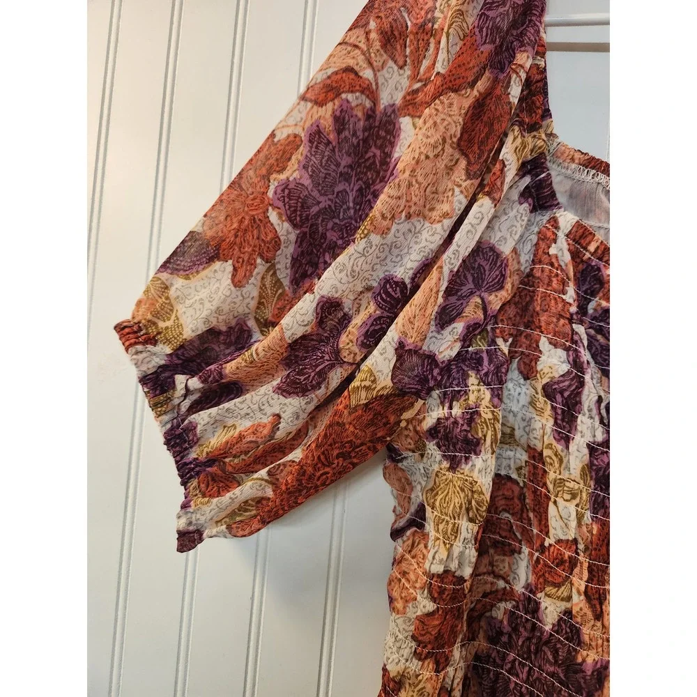 Old Navy Women XL Floral Smocked Puff Sleeve Blouse Square Neck Orange Purple‎